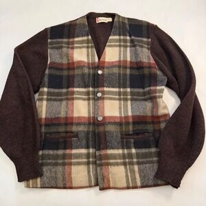 Bradfield Vintage Mens Plaid Wool Cardigan Sweater Brown Green Old Money Core M